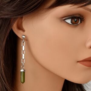 2/$30 Silver tone & Green Stone Design 3.5" Drop Dangle Post Earrings - Jewelry
